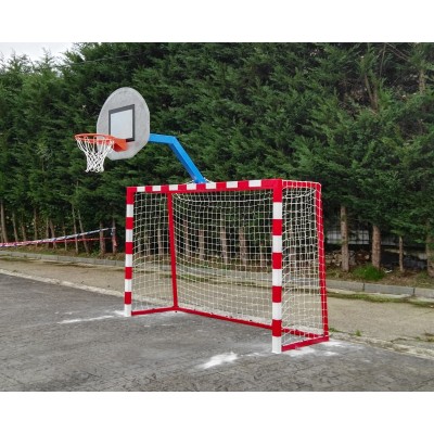 JUEGO PORTERÍAS BALONMANO/FÚTBOL SALA de ACERO, ANTIVANDÁLICAS. Con canastas. Altura baloncesto